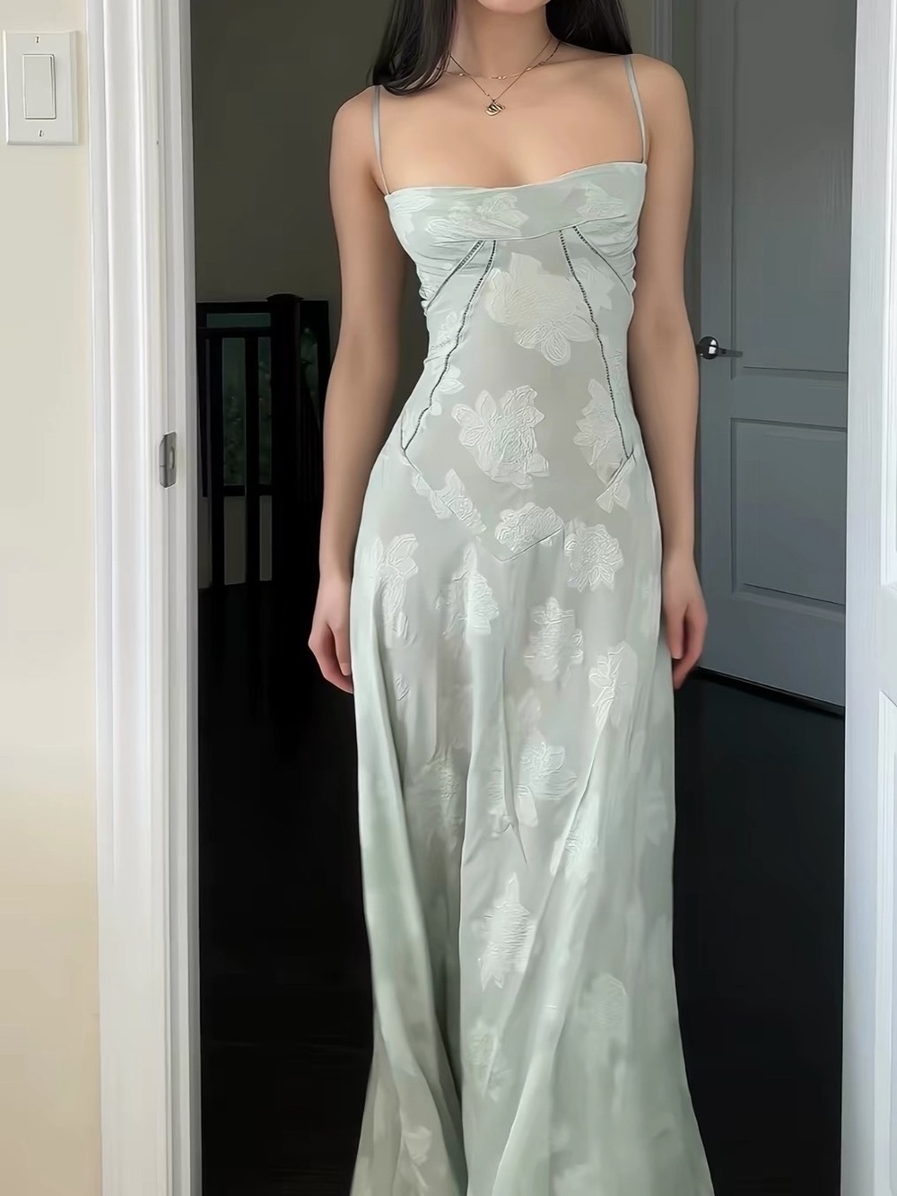House of CB Sage Green Floral Satin Slip Gown